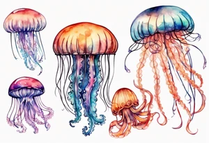 One large jellyfish with long tentacles, surrounded by two or three smaller jellyfish tattoo idea