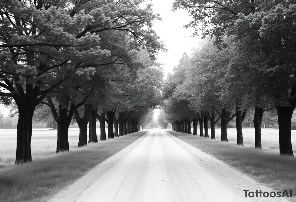 Tree-lined dirt road. Road is rough, little shoulder. Deciduous trees arch across it, meeting in the middle. 

Road should be rougher, more rural. Branches start lower. The trees in the foreground should be bigger — perspective has road getting smaller. 

Make the trees leafier. Branches begin lower on the trunk. 

Much leafier trees. Summer. Can’t see much behind the trees tattoo idea