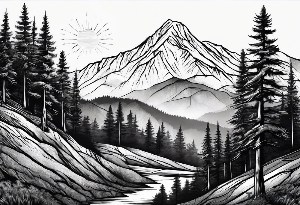 large trees on the side of mountain with mountains and sun tattoo idea