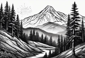 large trees on the side of mountain with mountains and sun tattoo idea