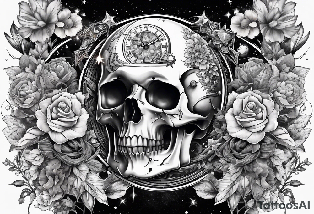 sleeve tattoo including science, skulls, roller coaster track, space and stars, flowers tattoo idea