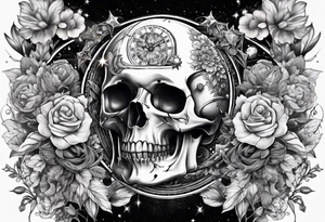 sleeve tattoo including science, skulls, roller coaster track, space and stars, flowers tattoo idea
