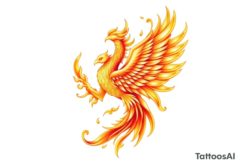 magnificent phoenix rising from golden flames with trailing embers tattoo idea