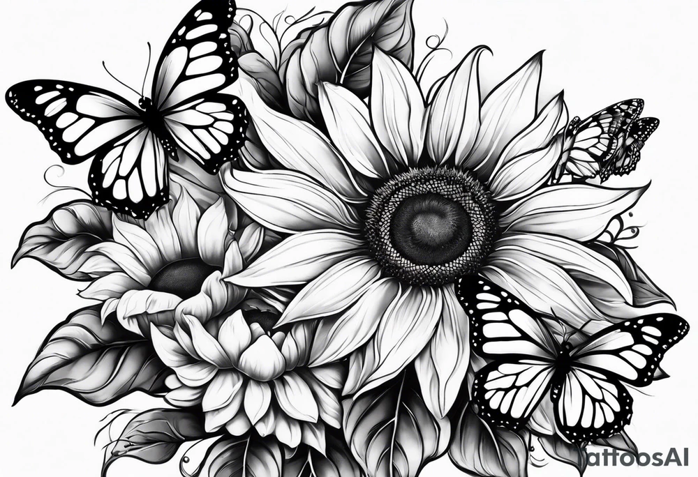 Sunflower and butterfly leg sleeve tattoo idea