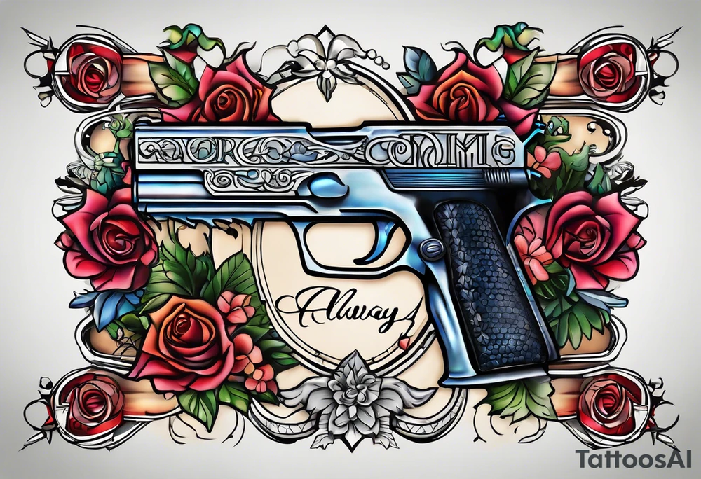 The letters AR with a pistol on each side and the word always on the top and ready on the bottom tattoo idea