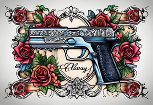 The letters AR with a pistol on each side and the word always on the top and ready on the bottom tattoo idea