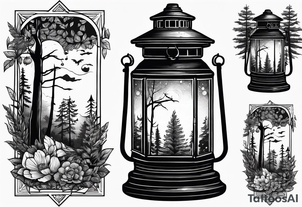 vintage lantern with a forest inside tattoo idea