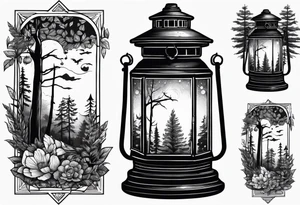 vintage lantern with a forest inside tattoo idea