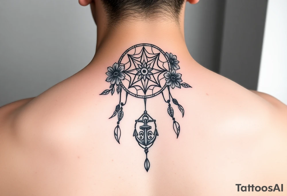 Boho dream catcher with compass and anchor Beautiful flowers and an ornamental chandelier like look tattoo idea