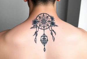 Boho dream catcher with compass and anchor Beautiful flowers and an ornamental chandelier like look tattoo idea