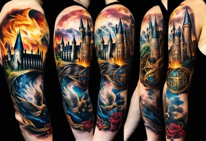 Harry Potter themed full sleeve. Include the Hogwarts castle, a golden snitch, and the Ravenclaw house crest tattoo idea
