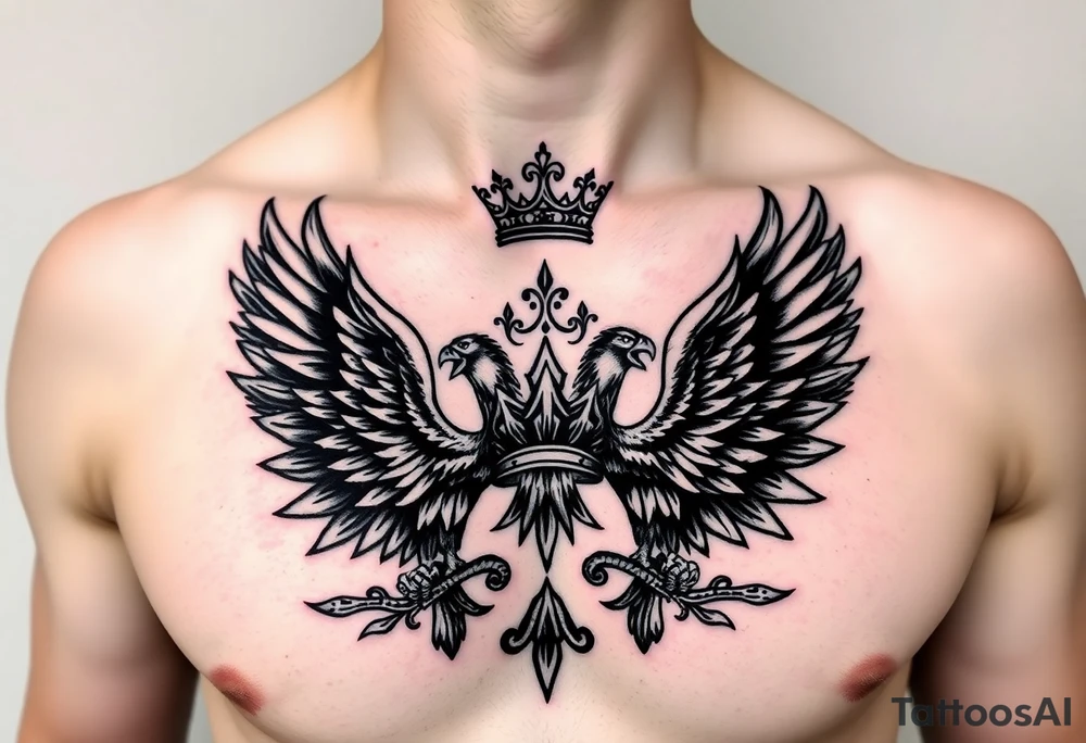 Chest tattoo,powerful two symetrical majestic eagles, surrounded by lure ornaments , between eagles a crown tattoo idea
