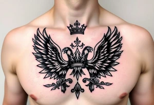 Chest tattoo,powerful two symetrical majestic eagles, surrounded by lure ornaments , between eagles a crown tattoo idea