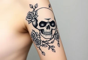 gothic skull intertwined with climbing roses and thorny vines tattoo idea