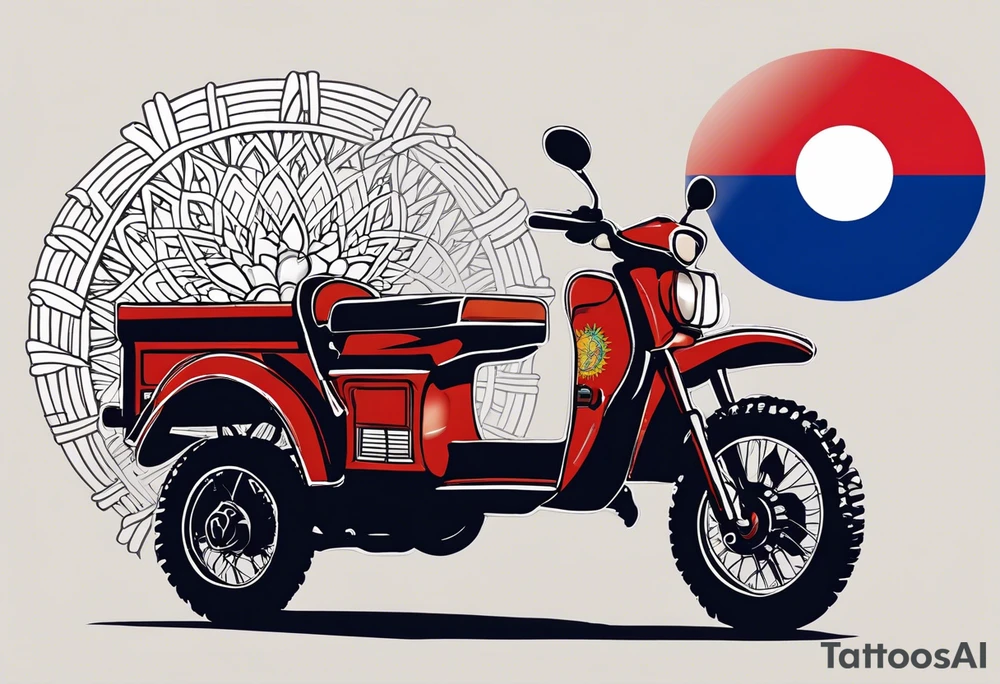 I want a tattoo resembling the Philippines. The frame of the tattoo will be the outlines of the Philippine sun (from the flag). Inside of the sun there shall be a seaturtle and a jeepney. Optionally there can be a Kubo, a buko and/or a Philippine eagle. The turtle and the jeepney may stick out of the frame. tattoo idea