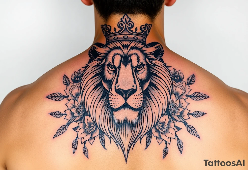 powerful majestic lion with a crown, surrounded by floral ornaments and birds tattoo idea