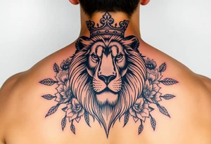 powerful majestic lion with a crown, surrounded by floral ornaments and birds tattoo idea