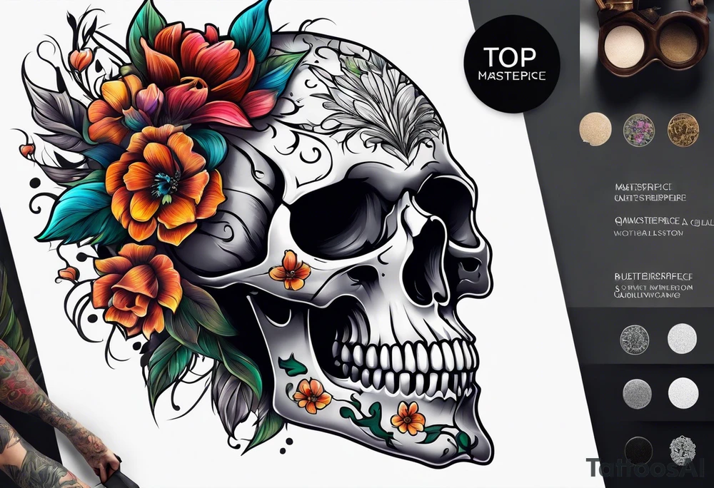 skull with flowers growing on it tattoo idea