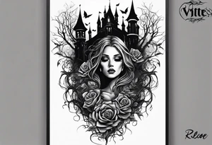 tattoo fool sleeve, destroyed dark gothic castle, tree roots break out of the chains, broken mask, roses tattoo idea