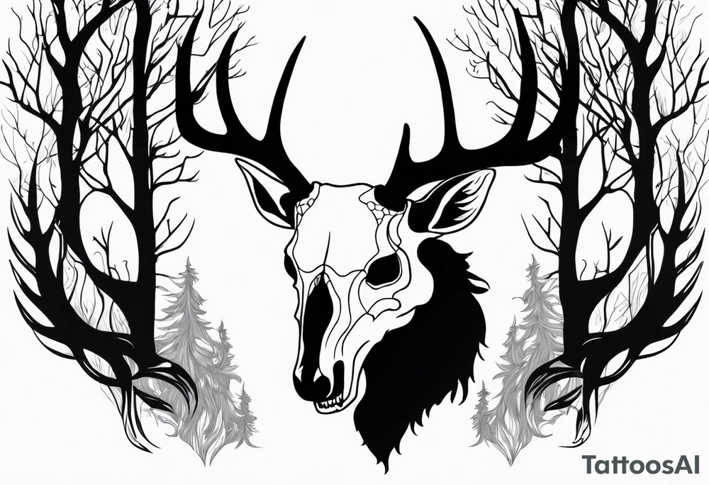 side profile of a DECAYING deer skull JUST BONE lore accurate wendigo surrounded by a flames and trees tattoo idea