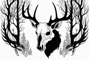 side profile of a DECAYING deer skull JUST BONE lore accurate wendigo surrounded by a flames and trees tattoo idea