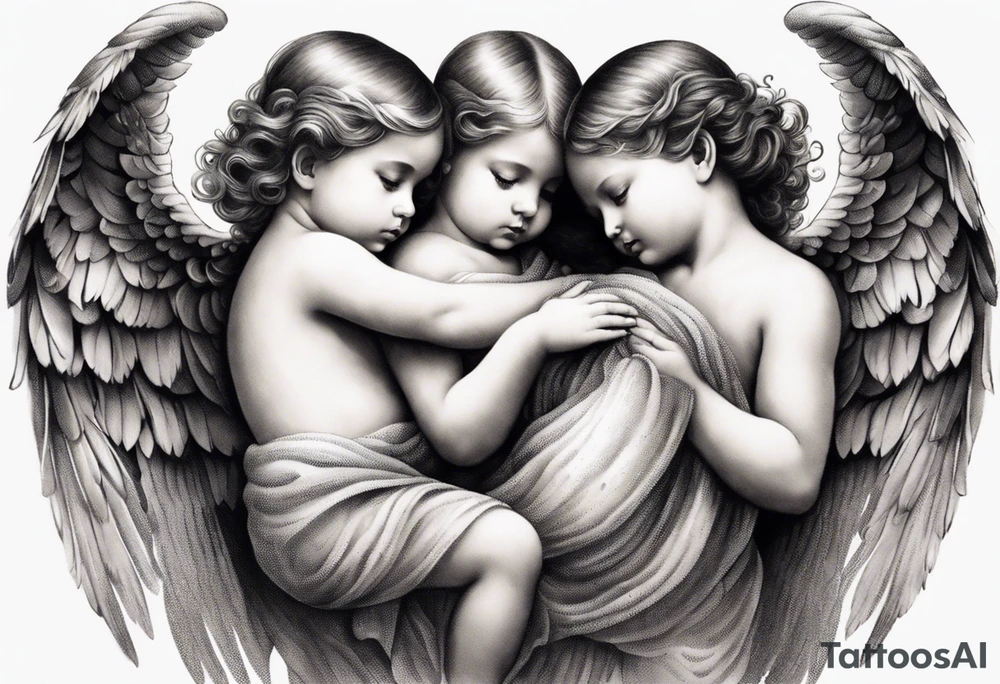 angels praying together. Three boy angels are standing in the back of the three girl angel, with their wings gently enfolding a baby angel in a protective embrace tattoo idea