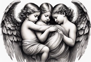 angels praying together. Three boy angels are standing in the back of the three girl angel, with their wings gently enfolding a baby angel in a protective embrace tattoo idea