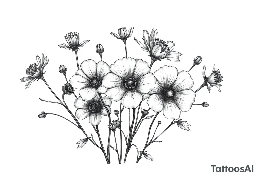 A cluster of wildflowers, with solid black shadows at the base and lighter stippling toward the petals. Some flowers can be in full bloom while others start to wilt or fall apart, symbolizing the passage of time. tattoo idea