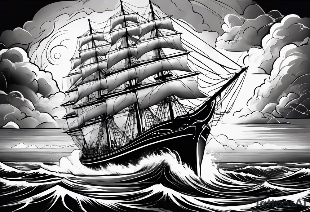 Ship on the sea with storm clouds and lightning tattoo idea