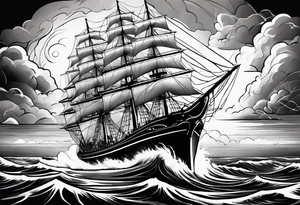 Ship on the sea with storm clouds and lightning tattoo idea
