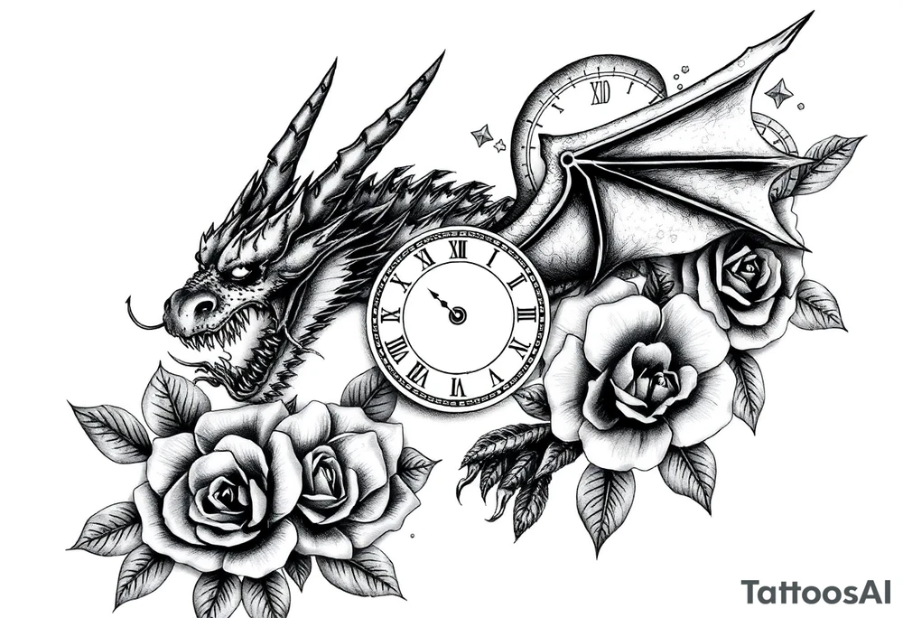 Horror dragon tattoo with cancer zodiac sign, roses and clock on background tattoo idea