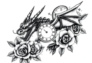 Horror dragon tattoo with cancer zodiac sign, roses and clock on background tattoo idea