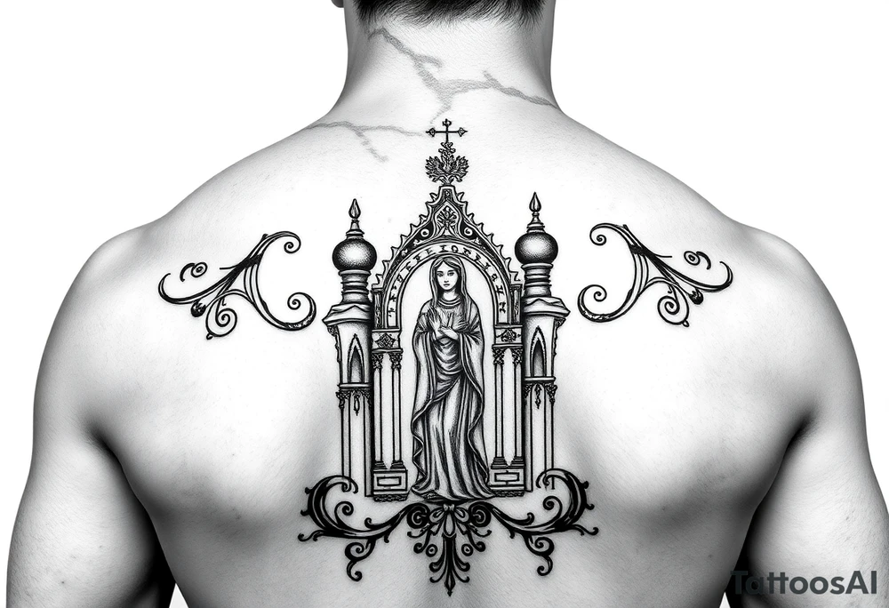 medium traditional russian orthodox church with a russian coat arms and virgin mary tattoo idea
