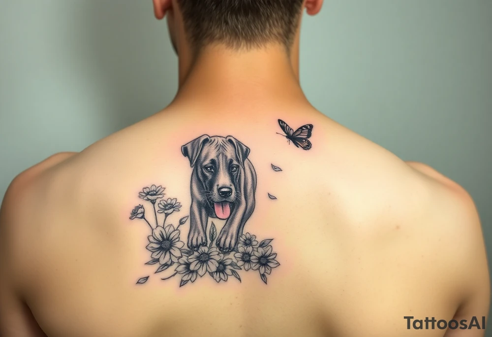 Small tattoo of Great Dane puppy playing in flowers and chasing a butterfly. tattoo idea