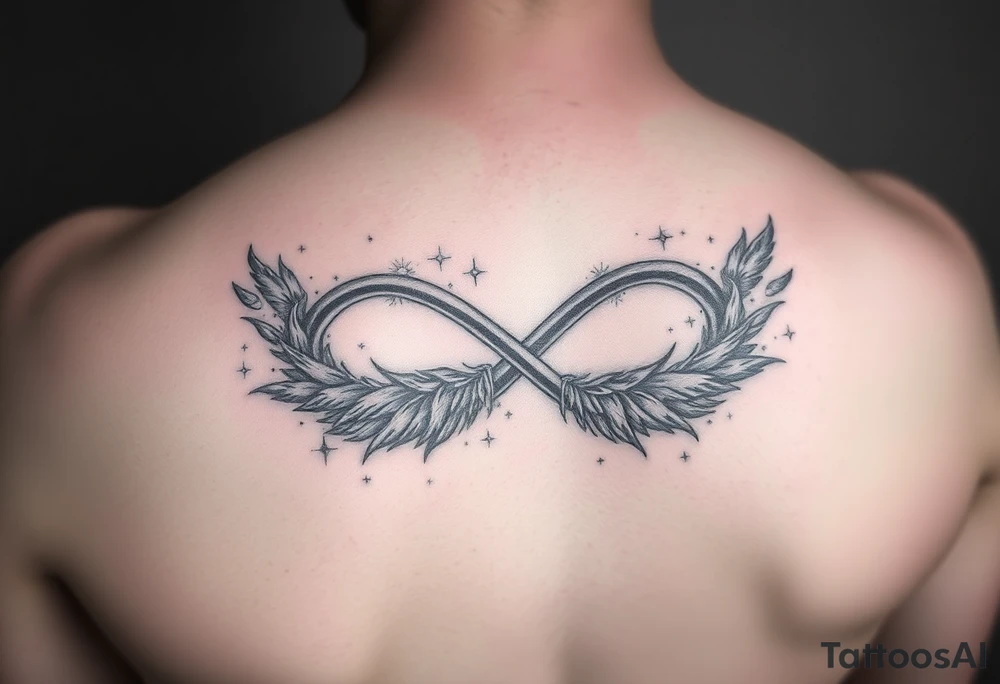 infinity symbol woven with floating feathers and stardust tattoo idea