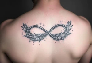 infinity symbol woven with floating feathers and stardust tattoo idea
