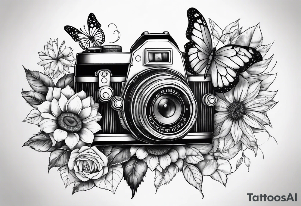 Flower : rose , sunflower, camera, small butterfly tattoo idea