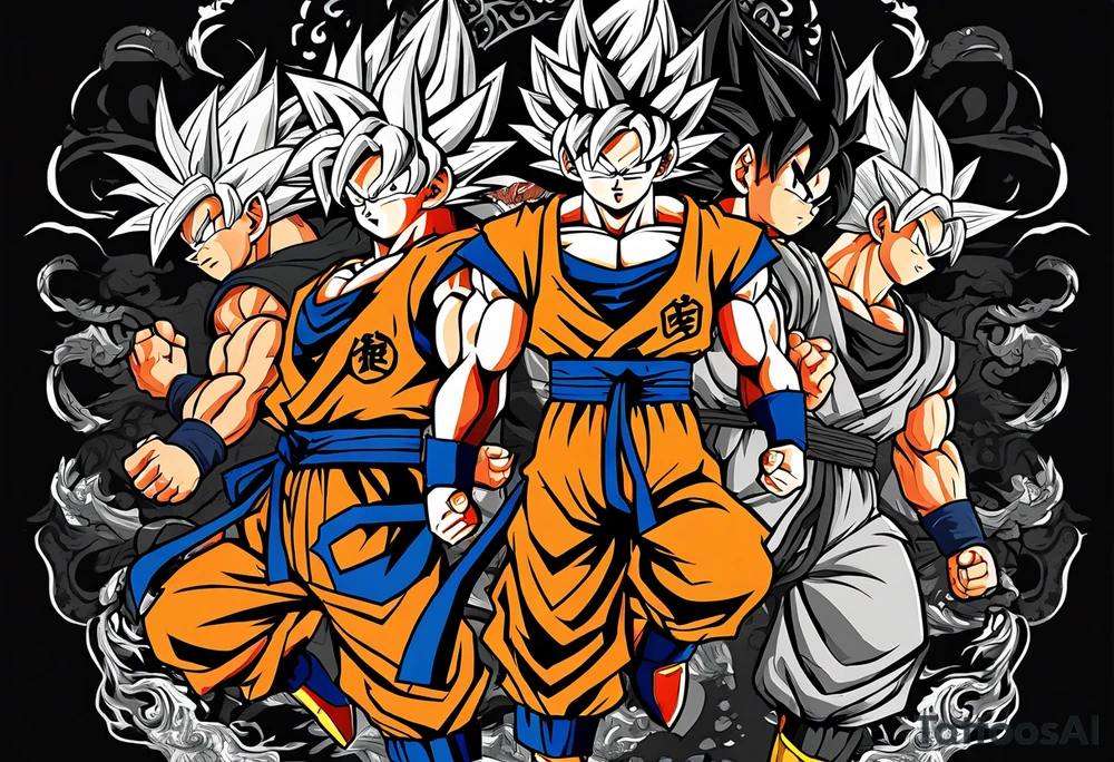 Son-Goku as a super saiyajin is in the middle and black Silhouettes of Gokus friends are surrounding him and covering his back tattoo idea