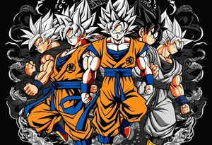 Son-Goku as a super saiyajin is in the middle and black Silhouettes of Gokus friends are surrounding him and covering his back tattoo idea