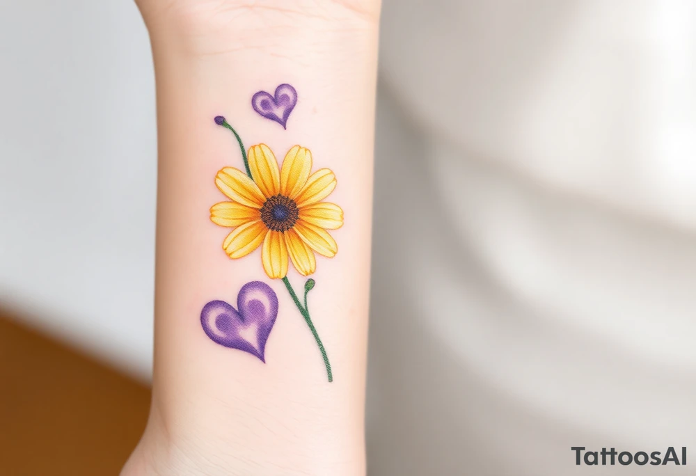 Yellow daisy & Purple Hearts tattoo idea