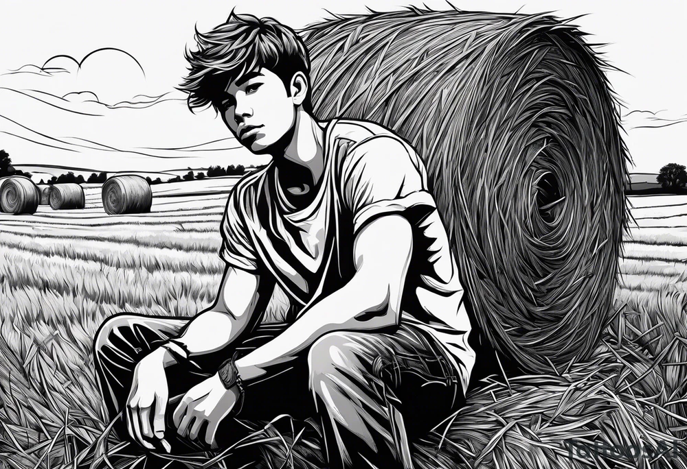 A boy sitting on top of a twisted bale of hay in a field where you can see the same bales of hay in the distance, and a tattoo idea