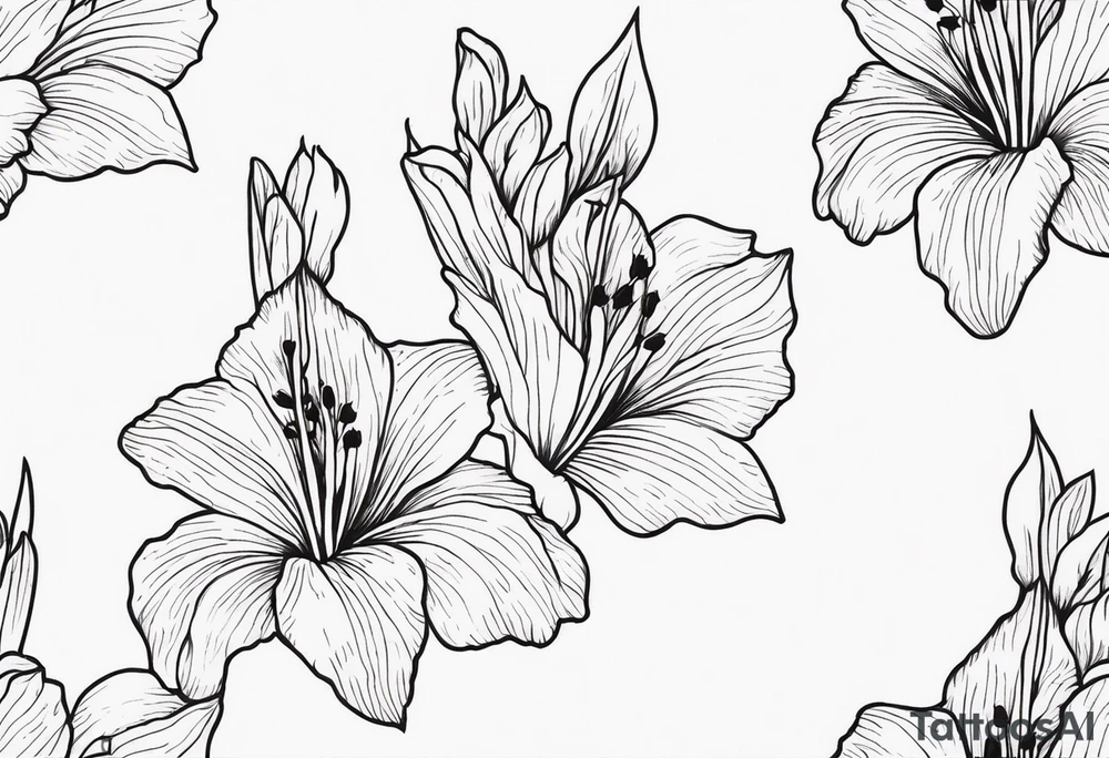 a thin narrow gladiolus with coral-colored flowers with red centers tattoo idea
