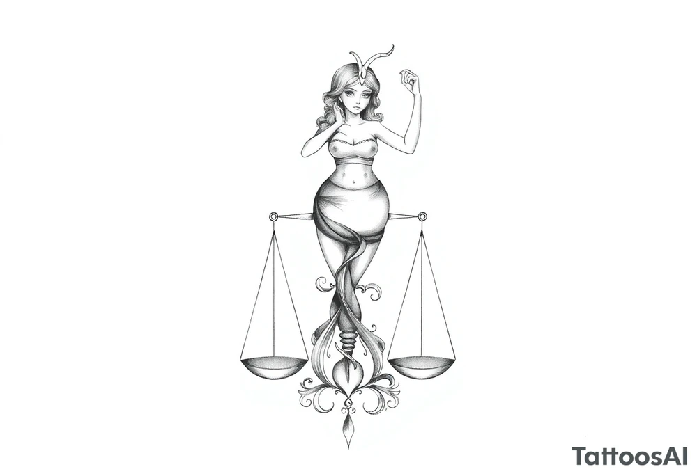 I want a tattoo that combines the Aquarius water bearer and the Libra scales. The water should flow elegantly from the jug, merging into and balancing the scales below. tattoo idea