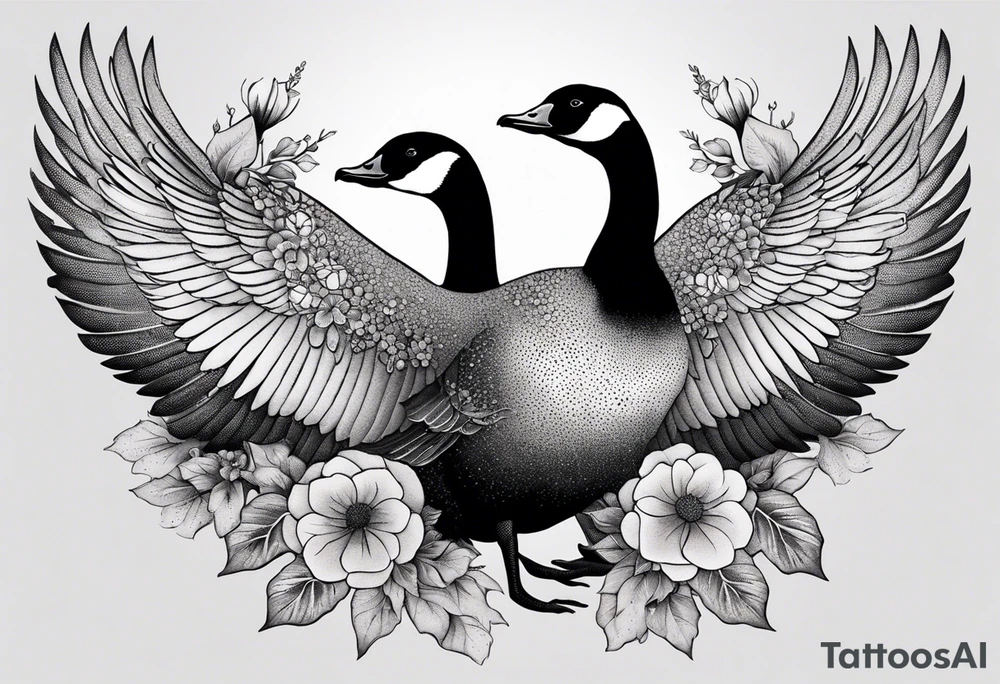 canadian goose spread wings with flowers side tattoo idea