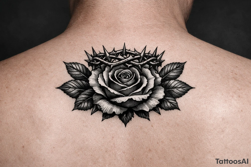 Red rose, no stem, leaves , American traditional style
Put something on top like a crown shaped thorns 
Old school style 
Add leaves tattoo idea