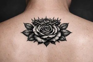 Red rose, no stem, leaves , American traditional style
Put something on top like a crown shaped thorns 
Old school style 
Add leaves tattoo idea