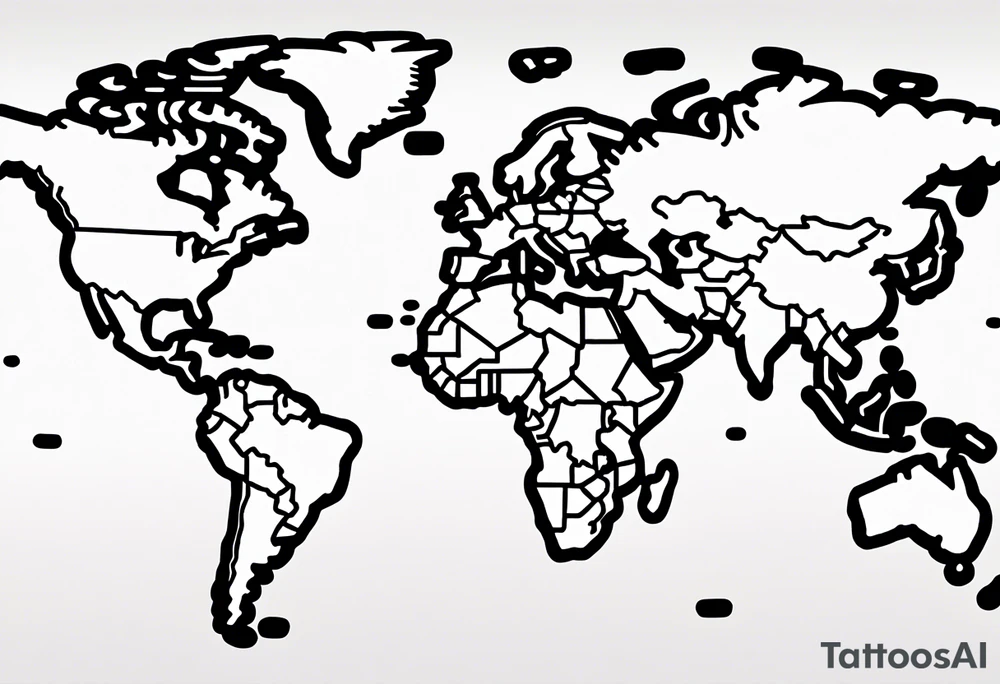 the earth on a flat map with light fading shading placed on a grid with only the lines with accurate depictions of the borders in countries while having it in an oval/circular position on a grid without any borders on the sides while having the countries not have such bold borders tattoo idea
