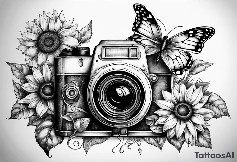Butterfly, sunflower, camera, book, flower rose tattoo idea