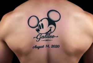 mickey mouse symbol with the name Galileo and the date August 14,2020, incorporated tattoo idea