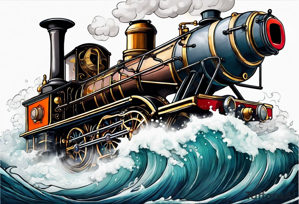 Steam engine hovering above a wild sea. tattoo idea